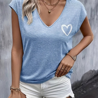 T-shirt z nadrukiem serca - dekolt w serek i krótkie rękawy dla wygody