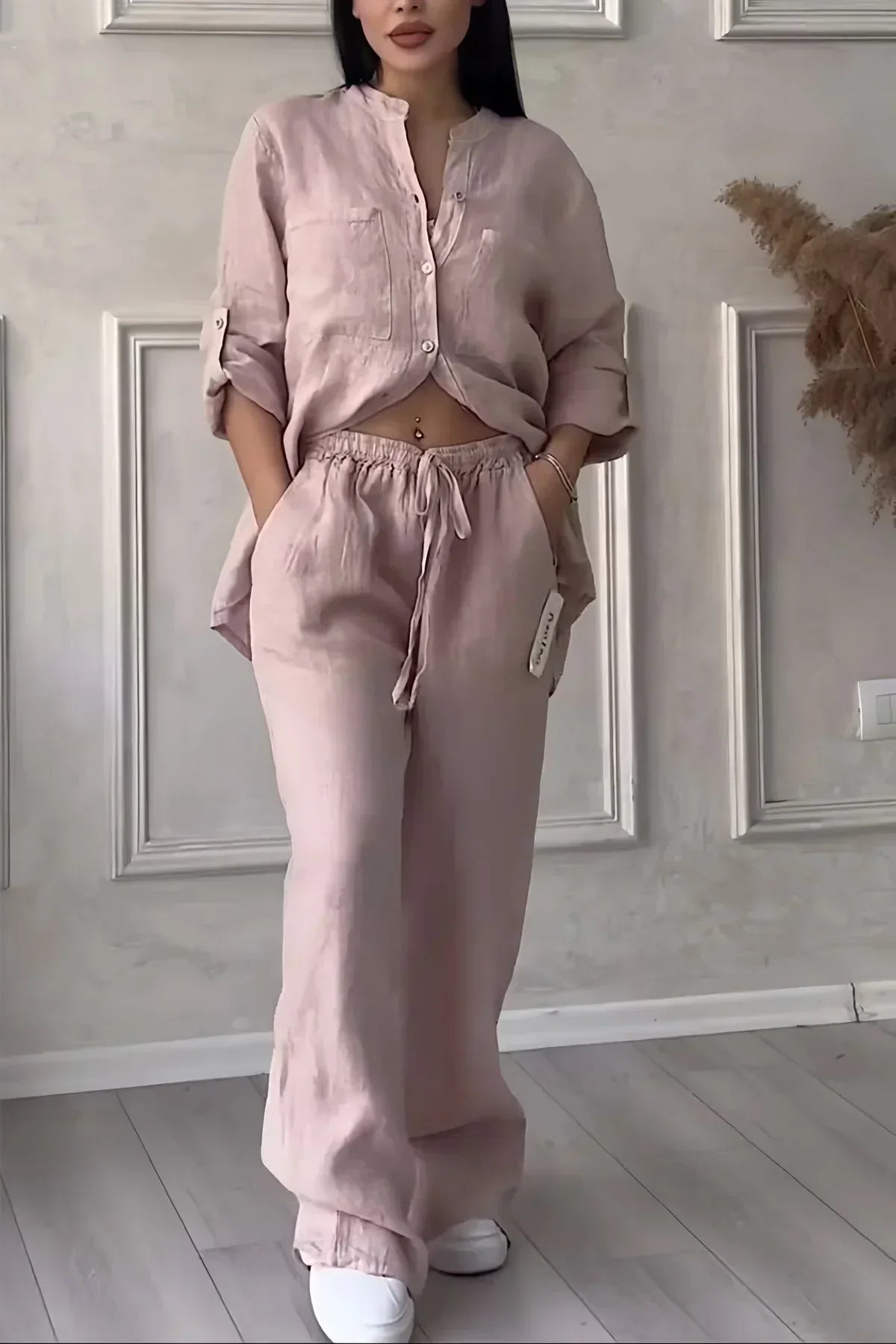 Abi - Damski lniany top i spodnie w jesiennym stylu
