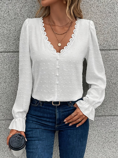 Bluzka z długim rękawem V-Neck - koronkowy kołnierzyk i lekki materiał