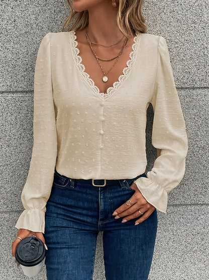 Bluzka z długim rękawem V-Neck - koronkowy kołnierzyk i lekki materiał