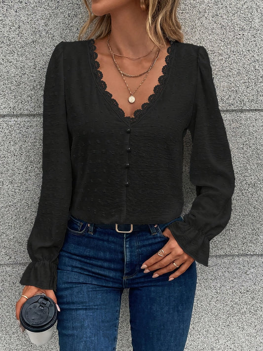 Bluzka z długim rękawem V-Neck - koronkowy kołnierzyk i lekki materiał