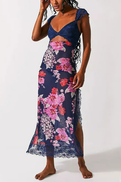 Vionette | Flowers V-neck Koronkowa sukienka na ramiączkach