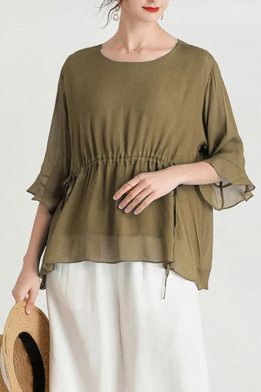 Zalani | Letnia jedwabna bluzka wyszczuplająca Plus Size z krótkim rękawem