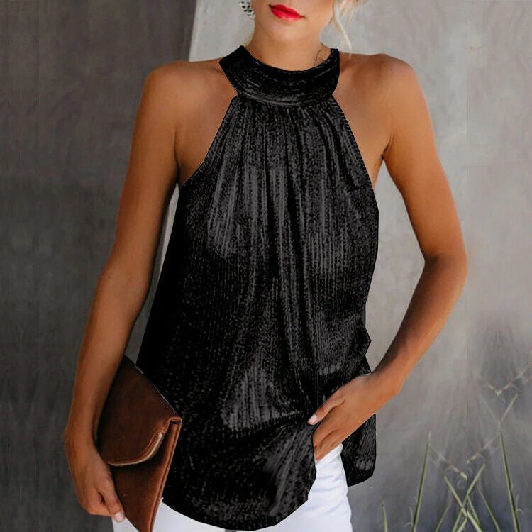Sandra - metaliczny top z dekoltem dla kobiet - elegancki i nowoczesny