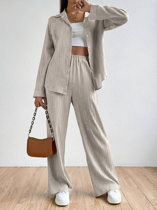 Cera - Stylowy plisowany komplet damski w kolorze khaki