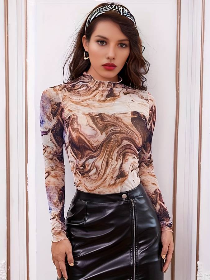 Tesslyn Top | Marble Mesh Top z długim rękawem
