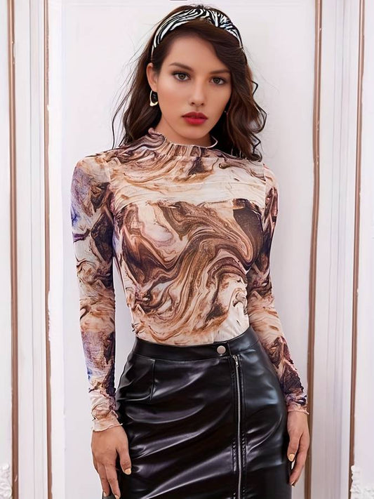 Tesslyn Top | Marble Mesh Top z długim rękawem
