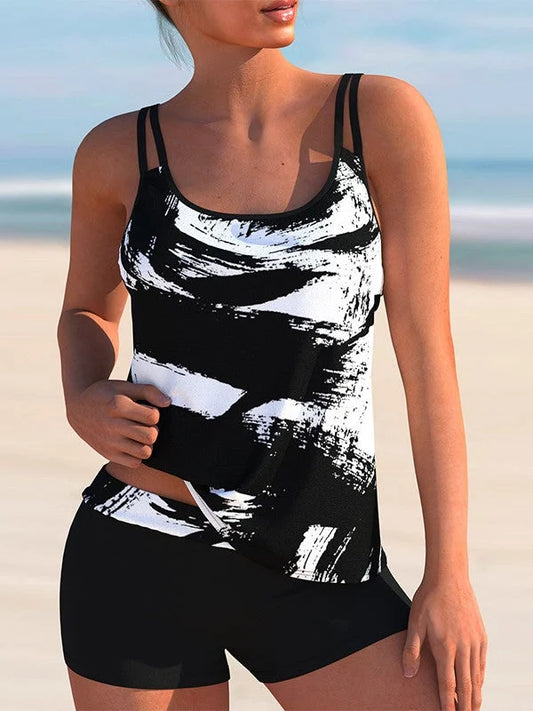 Tankini bez rękawów w paski Plus Size Swimwear