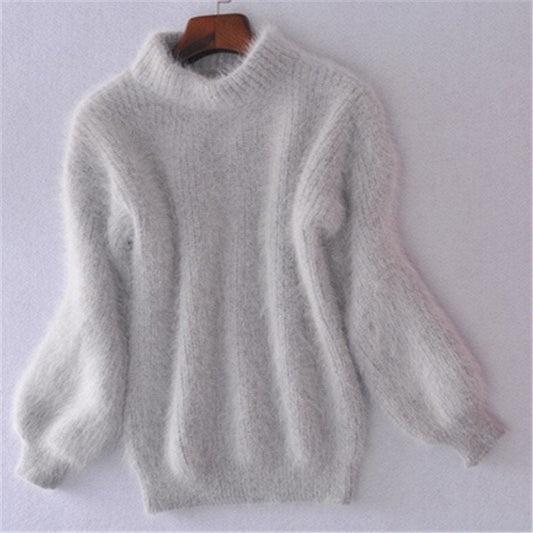 Sweter z dzianiny gładkiej - damski sweter z angory w stylu vintage