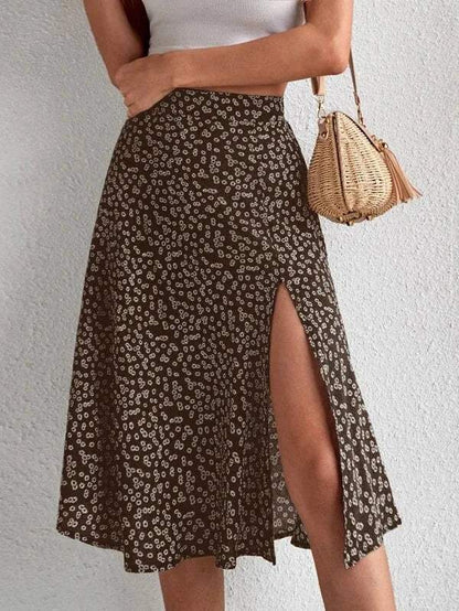 Spódnica midi - kwiatowy nadruk - wysoka talia, eleganckie rozcięcie, przewiewny materiał - idealna na letnie dni