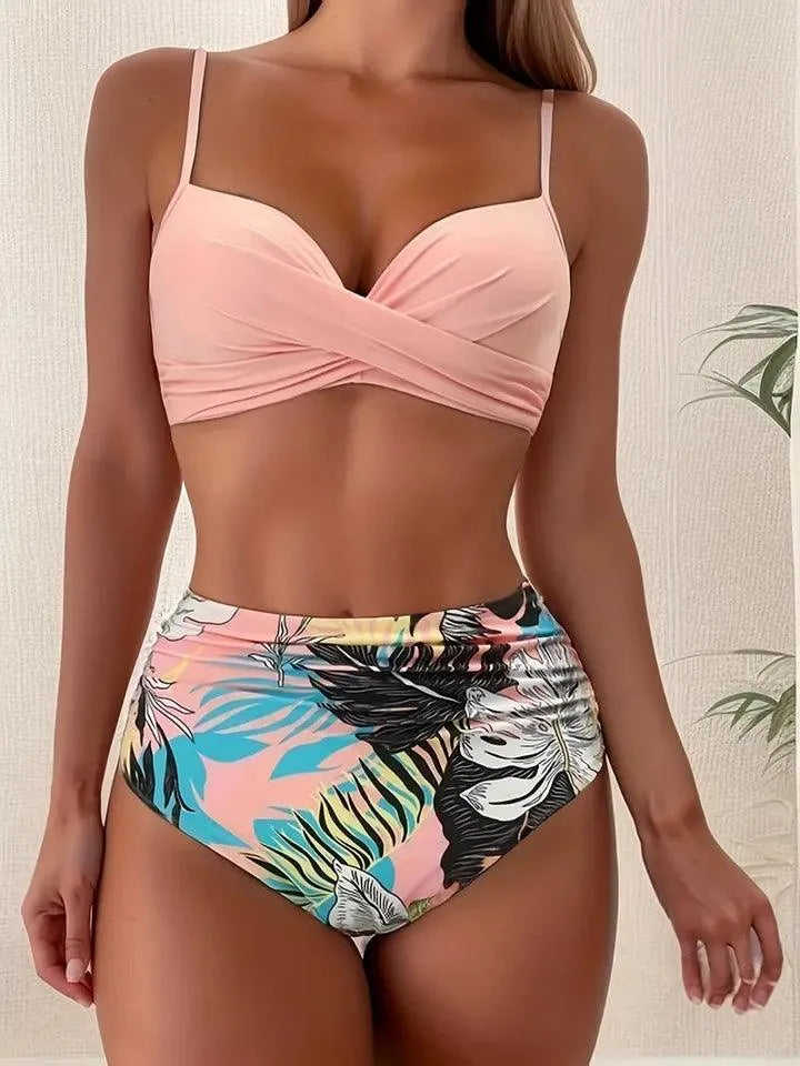 Bikini damskie - Tropical Collection - żywy nadruk, dekolt w szpic, regulowane ramiączka - idealne na słoneczne dni