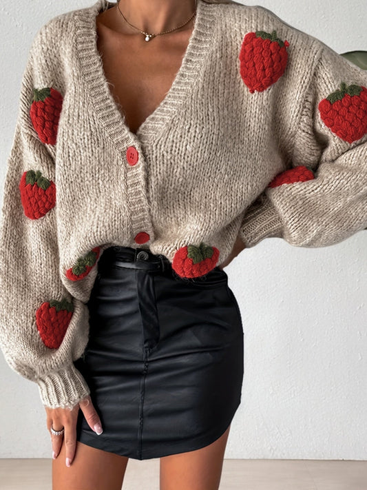 Sweter damski V-neck | truskawkowy wzór - długi rękaw - jesień/zima