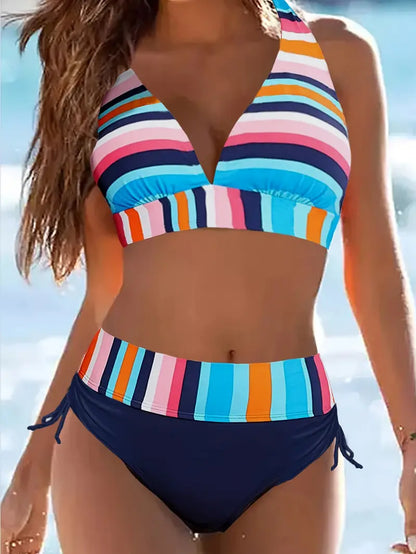 Bikini halter z kolorowym nadrukiem w paski i sznurkiem do wiązania