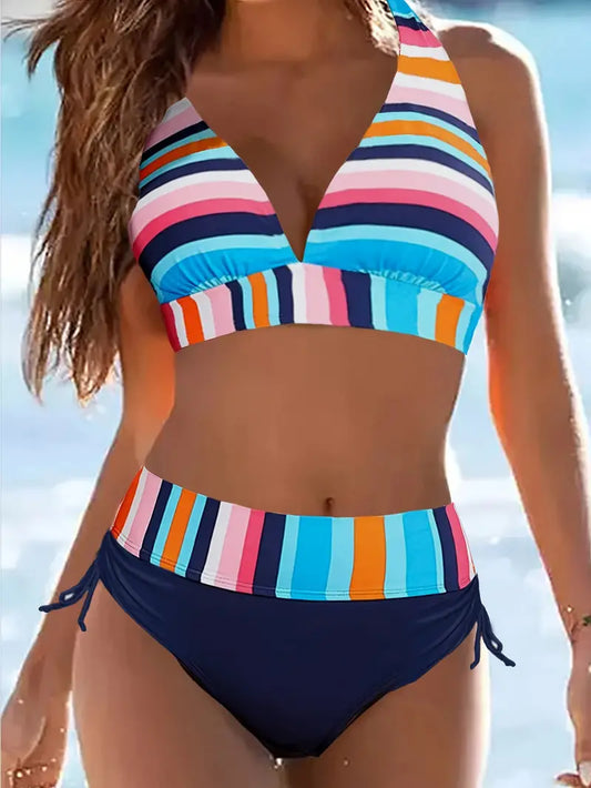 Bikini halter z kolorowym nadrukiem w paski i sznurkiem do wiązania