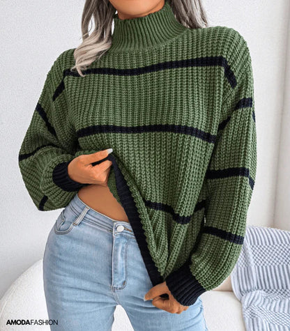 Sweter z golfem w paski z długim rękawem, dzianina