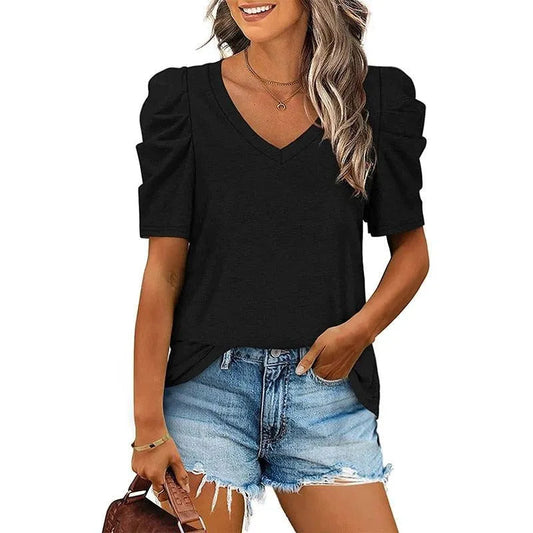 T-shirt damski - dekolt w szpic - luźny krój - idealny na co dzień