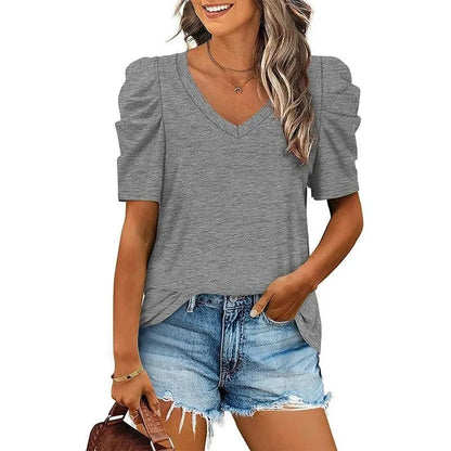 T-shirt damski - dekolt w szpic - luźny krój - idealny na co dzień
