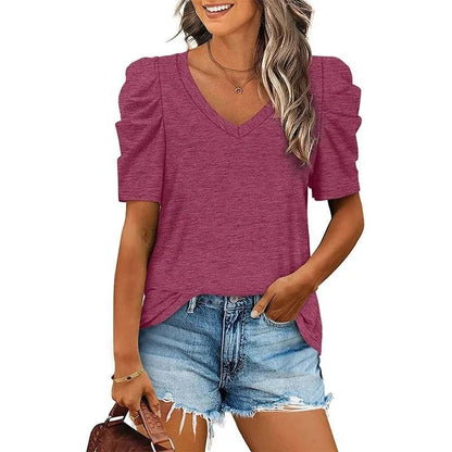 T-shirt damski - dekolt w szpic - luźny krój - idealny na co dzień