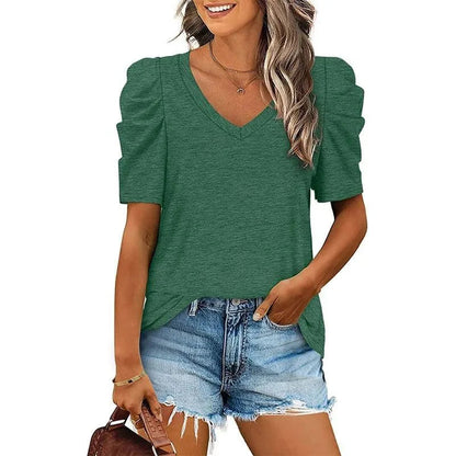 T-shirt damski - dekolt w szpic - luźny krój - idealny na co dzień
