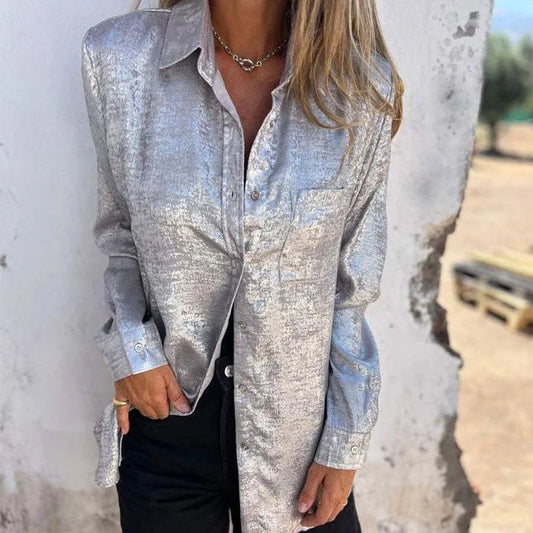 Kurtka - Bluzka damska overshirt - Casual Elegant - Tkanina merceryzowana, kołnierz z klapami, różne kolory - Wiosna/Lato