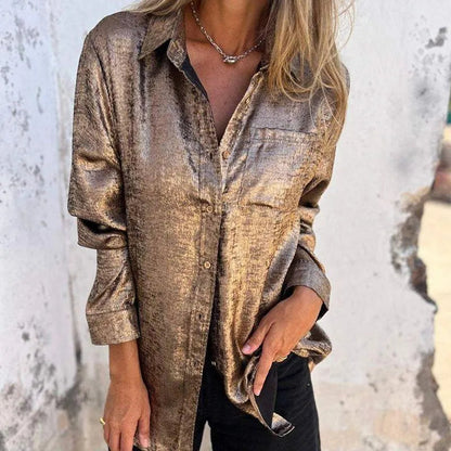 Kurtka - Bluzka damska overshirt - Casual Elegant - Tkanina merceryzowana, kołnierz z klapami, różne kolory - Wiosna/Lato