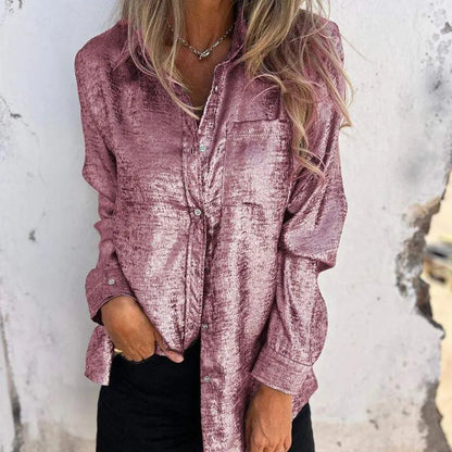 Kurtka - Bluzka damska overshirt - Casual Elegant - Tkanina merceryzowana, kołnierz z klapami, różne kolory - Wiosna/Lato