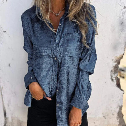 Kurtka - Bluzka damska overshirt - Casual Elegant - Tkanina merceryzowana, kołnierz z klapami, różne kolory - Wiosna/Lato