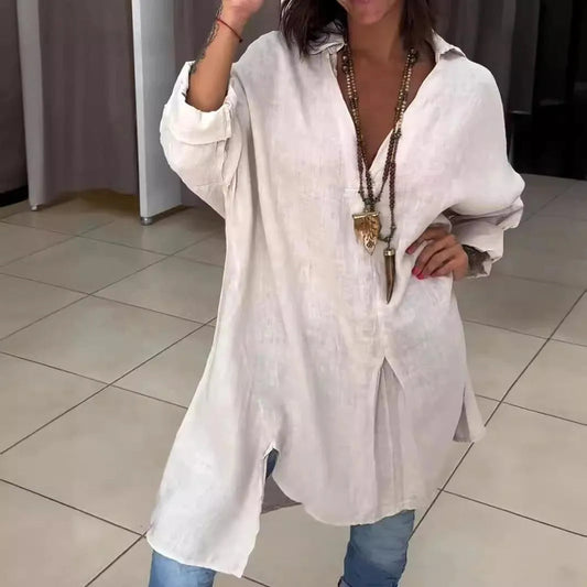 Letnia koszula - Casual - Mieszanka bawełny i lnu z dekoltem w szpic - Idealna na letnie wieczory