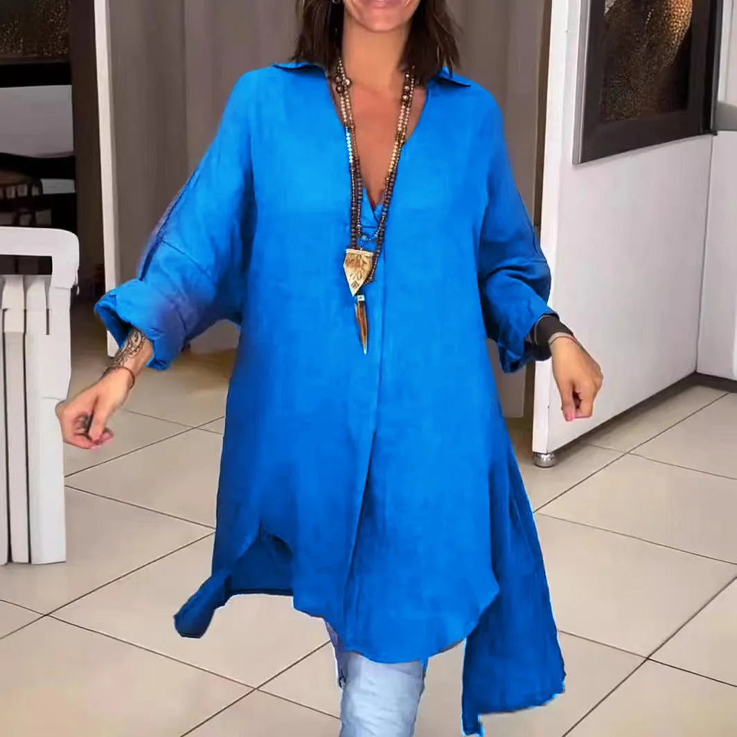 Letnia koszula - Casual - Mieszanka bawełny i lnu z dekoltem w szpic - Idealna na letnie wieczory