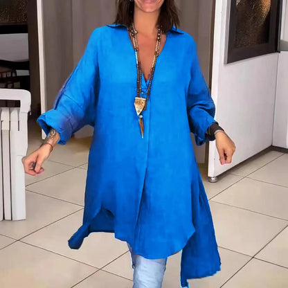Letnia koszula - Casual - Mieszanka bawełny i lnu z dekoltem w szpic - Idealna na letnie wieczory