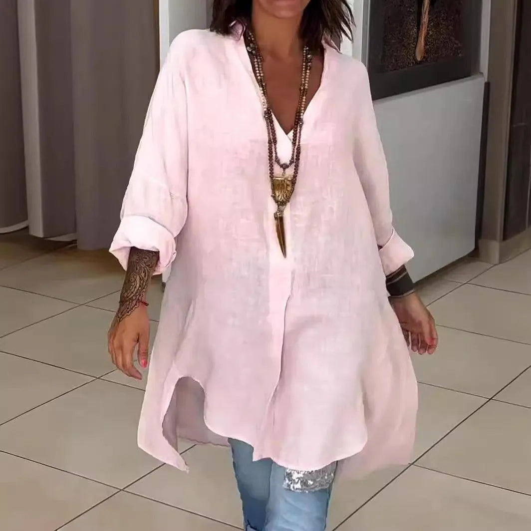 Letnia koszula - Casual - Mieszanka bawełny i lnu z dekoltem w szpic - Idealna na letnie wieczory