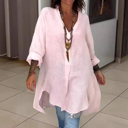 Letnia koszula - Casual - Mieszanka bawełny i lnu z dekoltem w szpic - Idealna na letnie wieczory