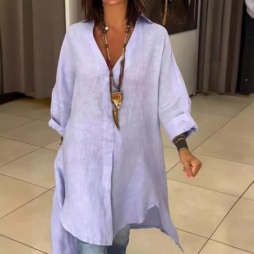 Letnia koszula - Casual - Mieszanka bawełny i lnu z dekoltem w szpic - Idealna na letnie wieczory