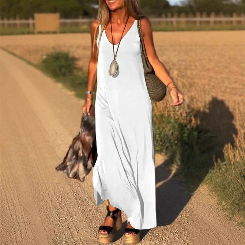 Elegancka sukienka maxi bez rękawów z dekoltem w kształcie litery V