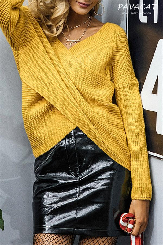 Sweter damski z dzianiny V Neck Cross
