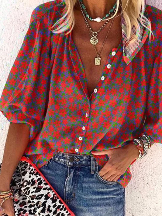 Pia - Bluzka w kwiaty z guzikami w stylu vintage
