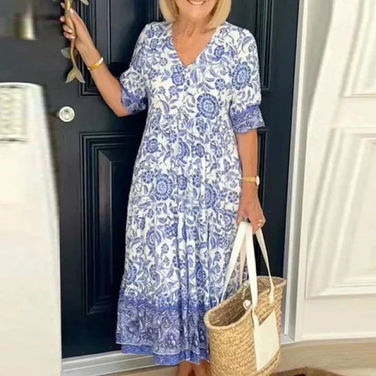 Elegancka sukienka boho z dekoltem V